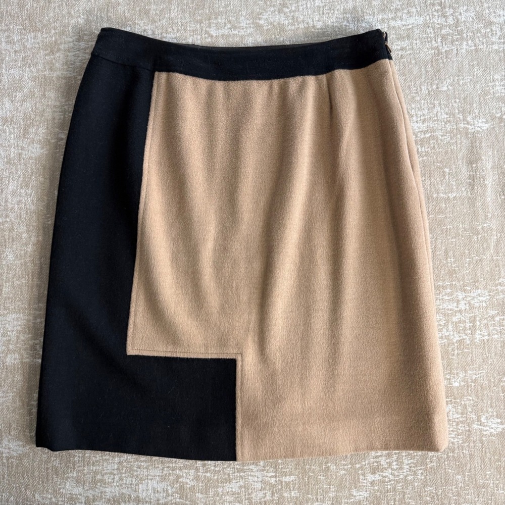 Rare Vintage Lambswool Angora Colorblock Mini Skirt Luxury Office Siren Tan 4